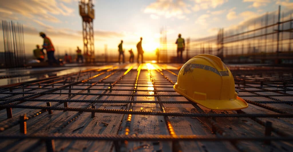 Casque de chantier jaune au premier plan sur treillis d'acier, ouvriers et grue silhouettés au coucher du soleil sur un site de construction.