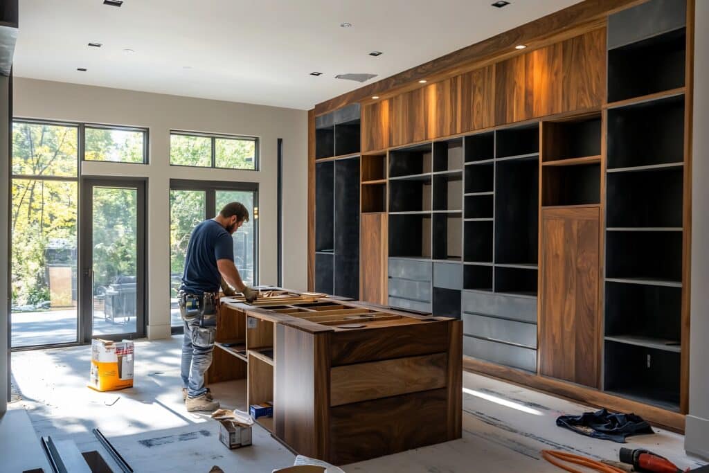 Charpentier installant un îlot central en bois dans un grand dressing moderne avec armoires intégrées et fenêtres lumineuses.