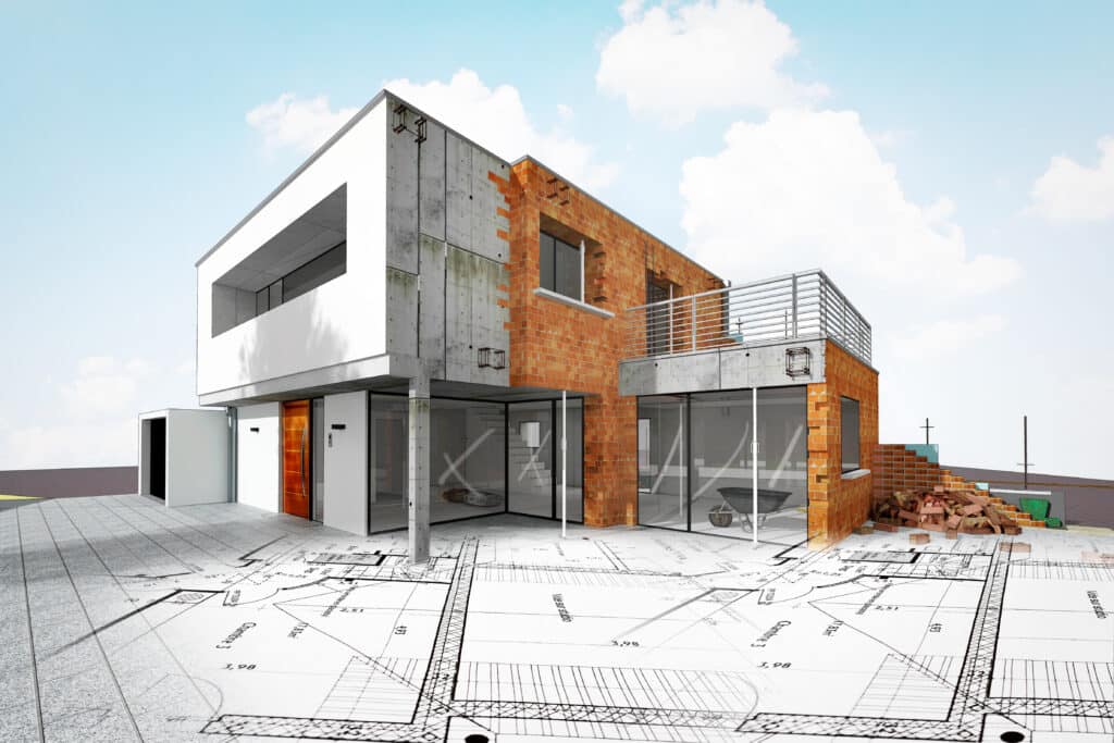 Maison moderne en construction avec façade béton et brique, et un plan architectural au sol montrant "Chambre 3" et des mesures.