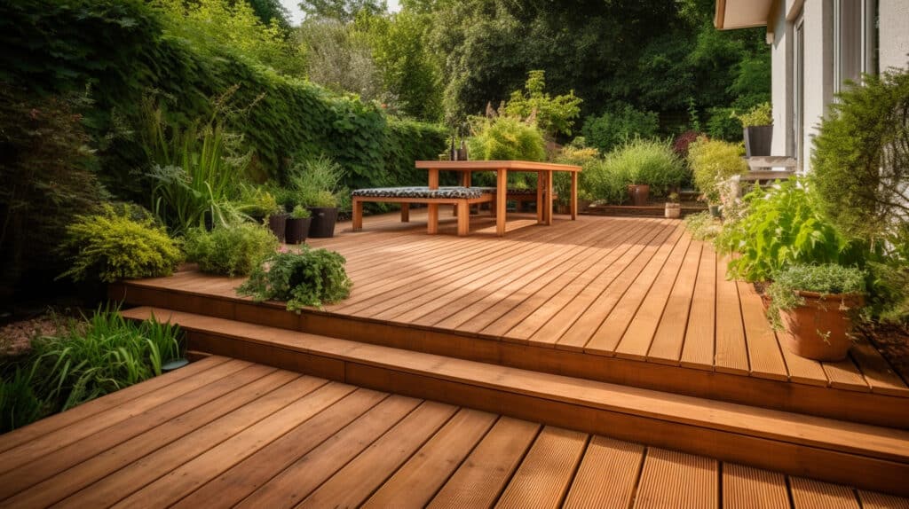 Grande terrasse en bois à plusieurs niveaux dans un jardin luxuriant, avec table et banc en bois, entourée de plantes en pot et de verdure.